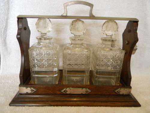 1890`s Antique Tantalus With Three Crystal Decanters