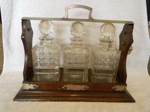 1890`s Antique Tantalus With Three Crystal Decanters