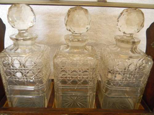 1890`s Antique Tantalus With Three Crystal Decanters