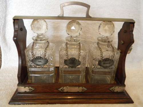 1890`s Antique Tantalus With Three Crystal Decanters