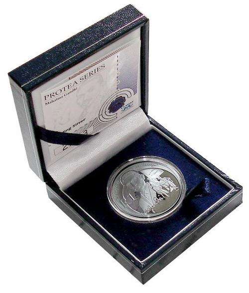 2008 Protea Silver R1 - Mahatma Gandhi Proof Coin 1 Oz as issued by SA Mint