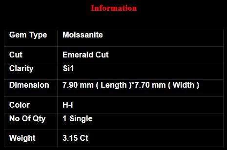 3.15ct Si1/GENUINE I-J WHITE EMERALD CUT MOISSANITE