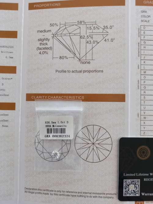 1.0ct Vvs1 Brilliant Round D Colour (GRA CERTIFIED) White Loose Moissanite