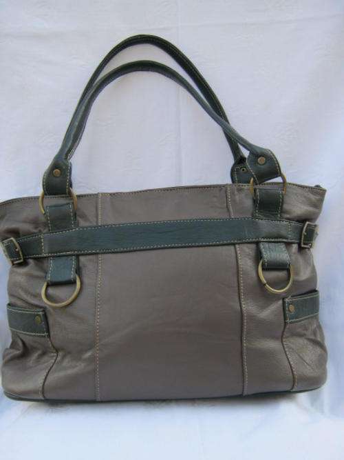 GENUINE LEATHER  KHAKI WITH GREEN HAND BAG