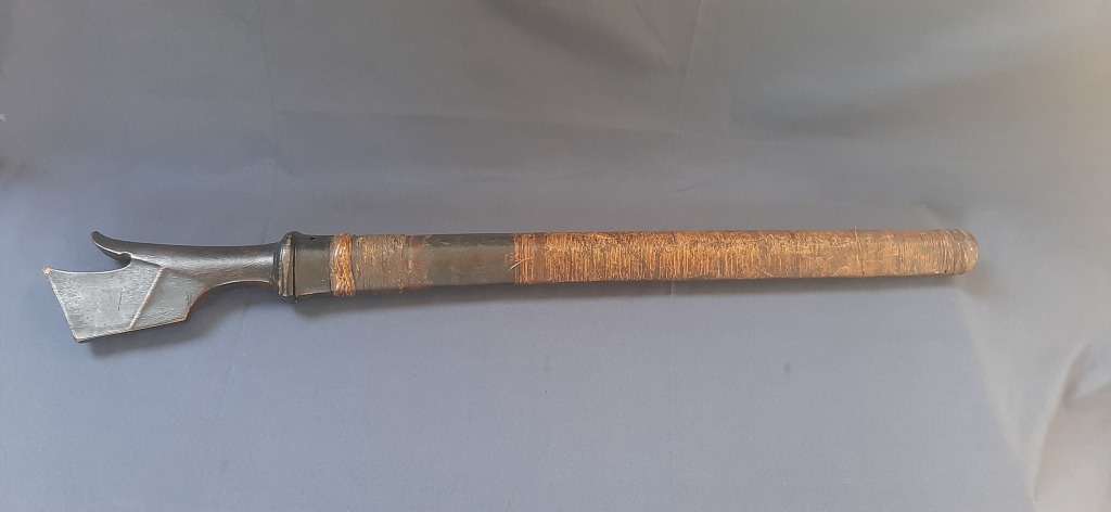 VINTAGE EASTERN DAMASCUS BLADE SWORD WITH WOODEN HANDLE AND SCABBARD
