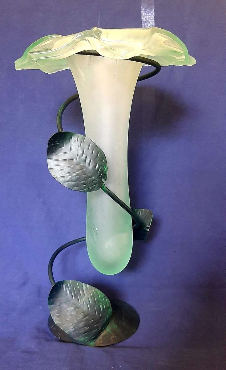 LARGE GREEN GLASS PETAL VASE WITH ORNATE METAL STAND