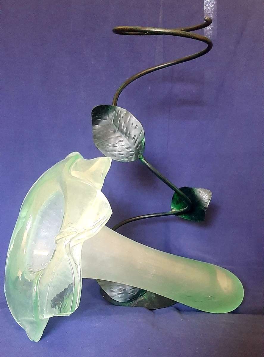 LARGE GREEN GLASS PETAL VASE WITH ORNATE METAL STAND