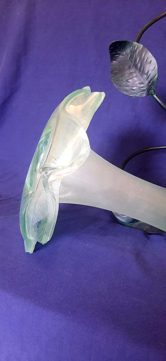 LARGE GREEN GLASS PETAL VASE WITH ORNATE METAL STAND