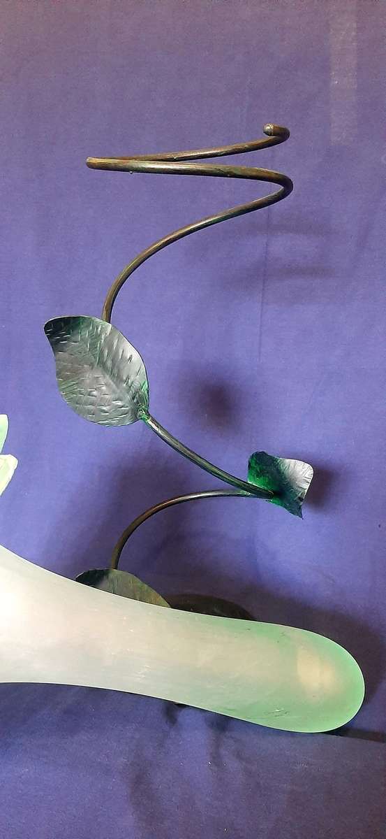 LARGE GREEN GLASS PETAL VASE WITH ORNATE METAL STAND