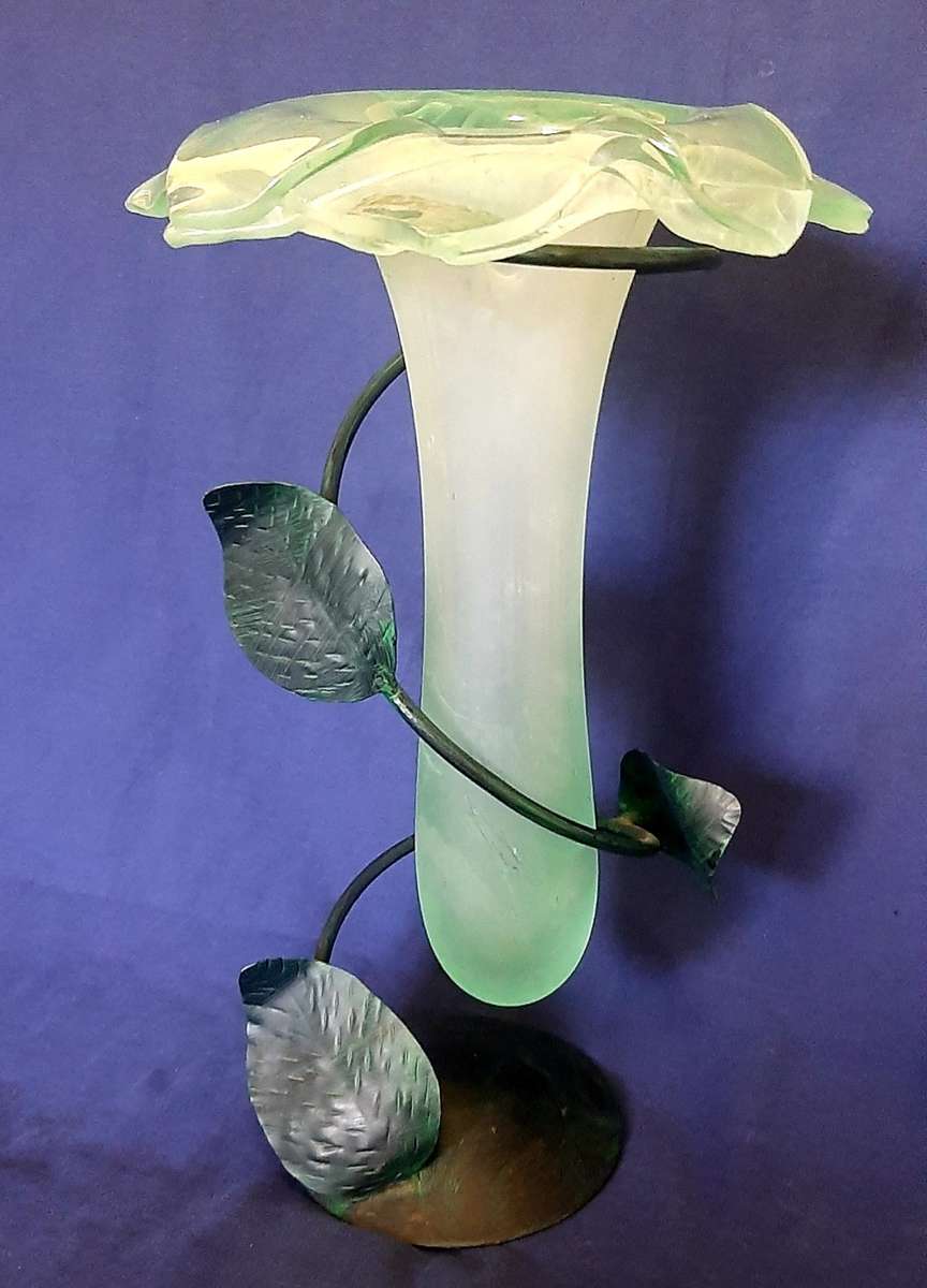 LARGE GREEN GLASS PETAL VASE WITH ORNATE METAL STAND