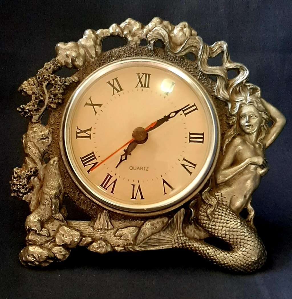 MERMAID DESIGN PEWTER DESK / TABLE CLOCK