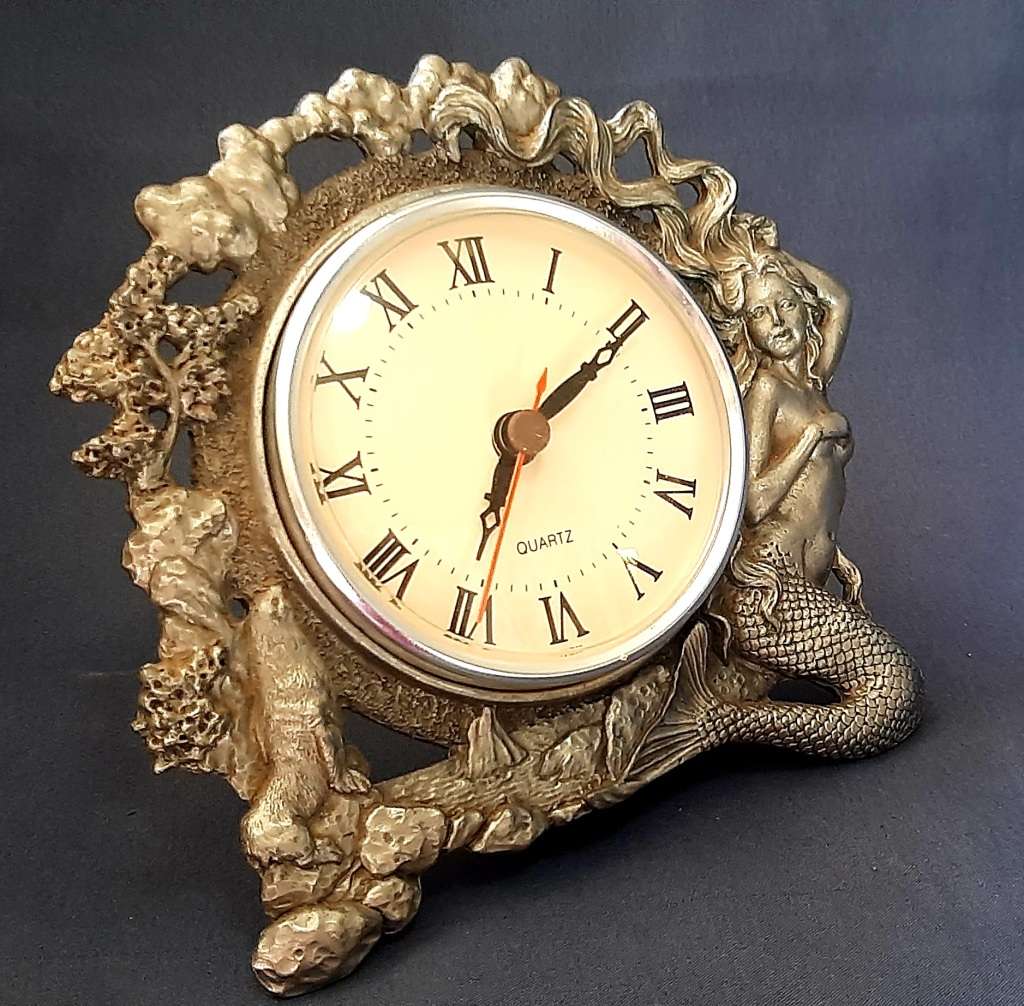 MERMAID DESIGN PEWTER DESK / TABLE CLOCK
