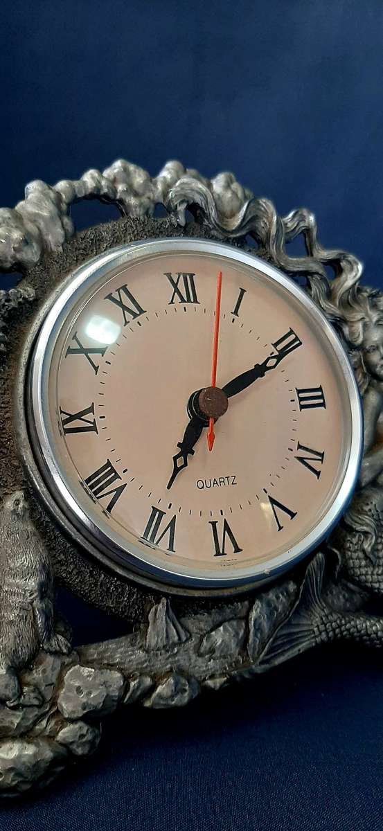 MERMAID DESIGN PEWTER DESK / TABLE CLOCK