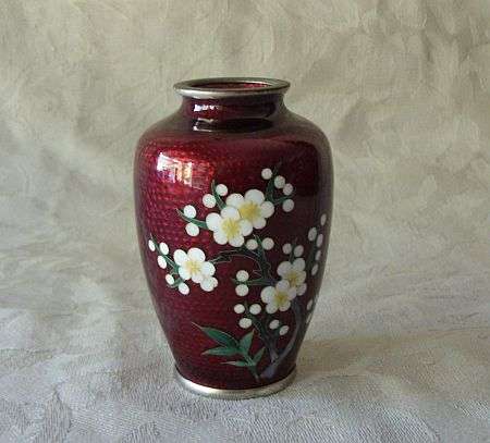 A stunning pigeon blood cloisonne vase