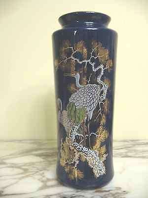 Vintage Japanese Cobalt Blue & Gold with Cranes Ceramic Vase.