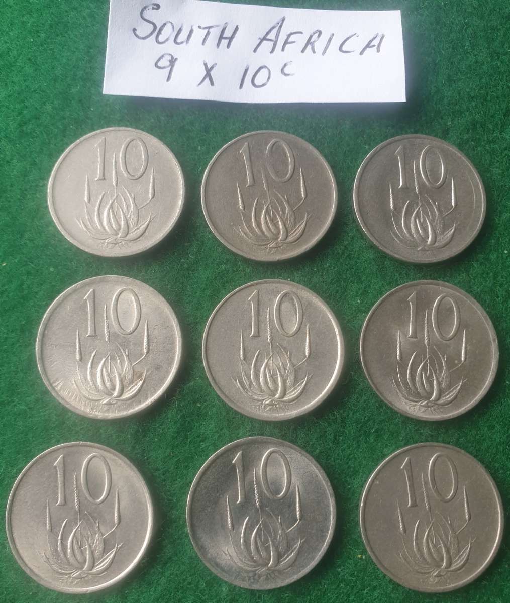 9 x South African 10c coins