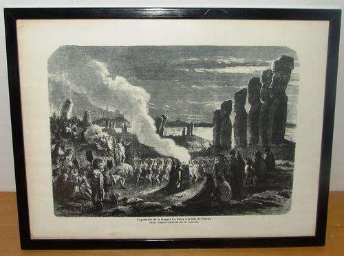 Historical 1893 BLack and white etching -Easter Island - NO Damage
