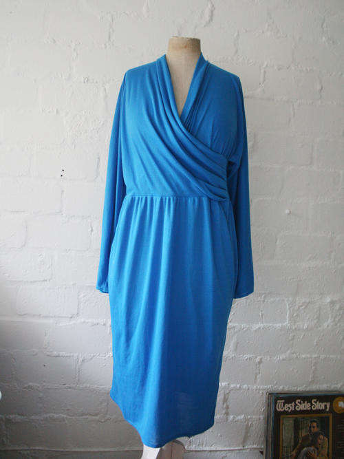 VINTAGE BLUE WRAP-LIKE RUCHED LONG SLEEVE DRESS SIZE XL