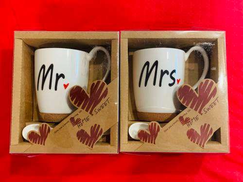 Home Sweet Mrs. and Mr. Tea/Coffee Cork Bottom Ceramic Mug Set