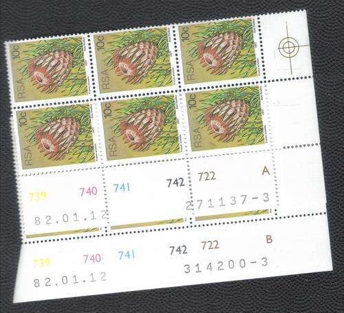 RSA 1977 PROTEA ARISTATA 10c BLCK OF 6 A&B CNTRL BLCKS 12011982