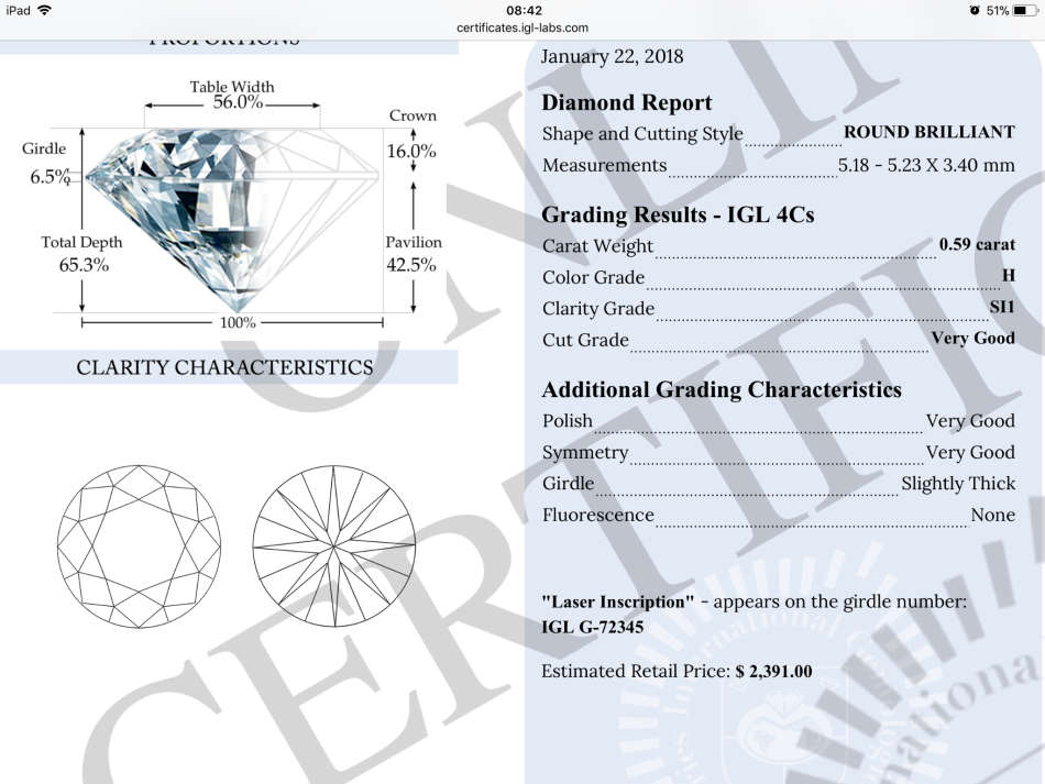 IGL Certified:0.59 Carat H Color SI1 Round Brilliant Natural Loose Diamond 5.23m