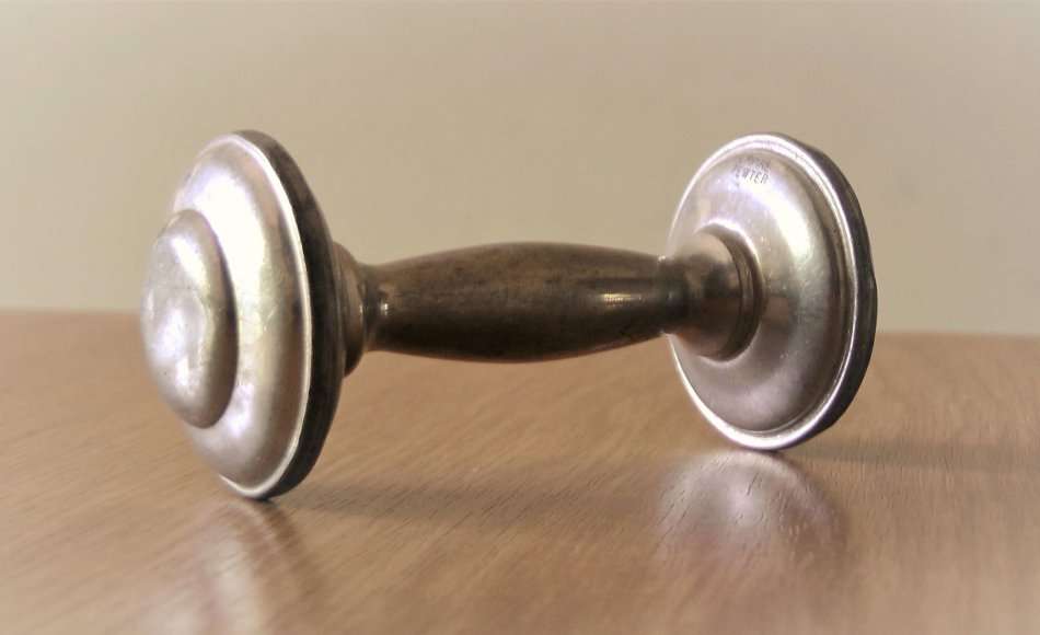 Vintage Dumbbell Baby Rattle Hallmark Empire Pewter, Gift for Baby, Good condition