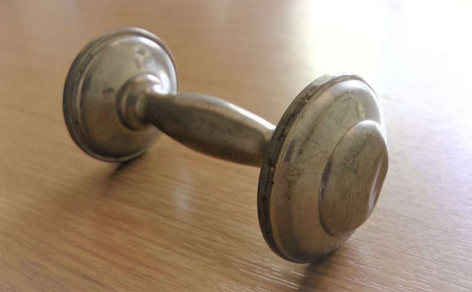 Vintage Dumbbell Baby Rattle Hallmark Empire Pewter, Gift for Baby, Good condition