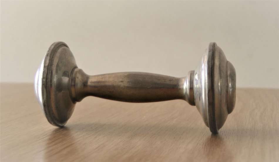 Vintage Dumbbell Baby Rattle Hallmark Empire Pewter, Gift for Baby, Good condition