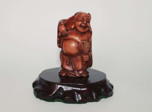 Vintage Hotei Laughing Buddha With Money Bag and Fan Resin Figurine on Wood Display Stand c1950s EUC