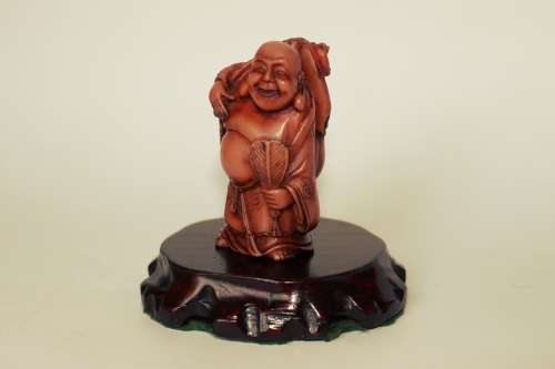 Vintage Hotei Laughing Buddha With Money Bag and Fan Resin Figurine on Wood Display Stand c1950s EUC
