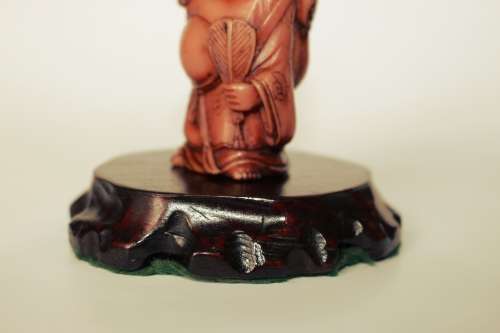 Vintage Hotei Laughing Buddha With Money Bag and Fan Resin Figurine on Wood Display Stand c1950s EUC