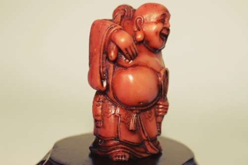 Vintage Hotei Laughing Buddha With Money Bag and Fan Resin Figurine on Wood Display Stand c1950s EUC