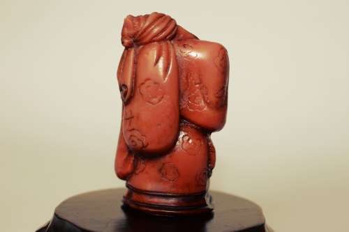 Vintage Hotei Laughing Buddha With Money Bag and Fan Resin Figurine on Wood Display Stand c1950s EUC