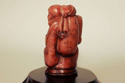 Vintage Hotei Laughing Buddha With Money Bag and Fan Resin Figurine on Wood Display Stand c1950s EUC