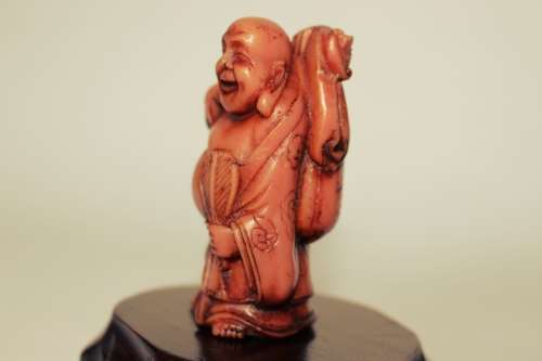 Vintage Hotei Laughing Buddha With Money Bag and Fan Resin Figurine on Wood Display Stand c1950s EUC