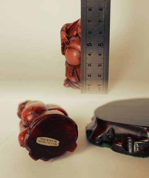 Vintage Hotei Laughing Buddha With Money Bag and Fan Resin Figurine on Wood Display Stand c1950s EUC