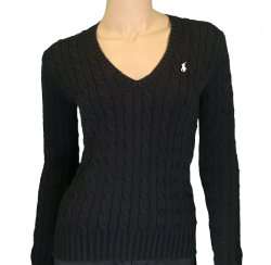 Polo Ralph Lauren Women's Cable Knit V-neck Black Sweater Size M