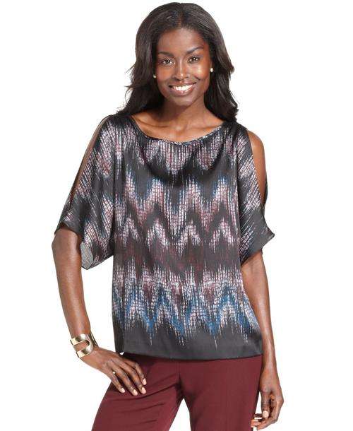 Nine West NEW Purple Satin Printed Cold Shoulder Boatneck Blouse Top Shirt S