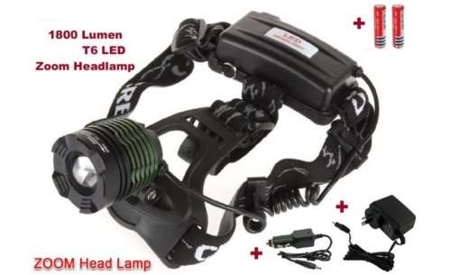T6 LED 1800 Lumen Rechargeable Headlamp With Zoomable Focus - 4 Modes Blue Light - 2 Available!!