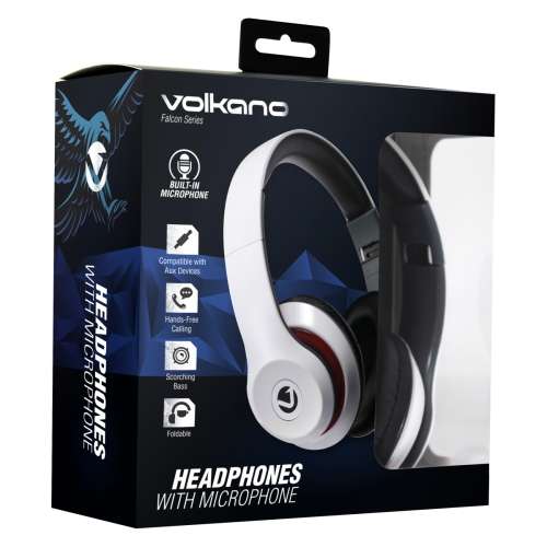 Volkano Falcon Series Foldable Aux Headphones in White with Scorching Bass and Built-In Microphone