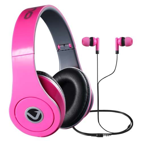 Volkano Dual Neo Series Headphone and Earphone Combo - Neon Pink