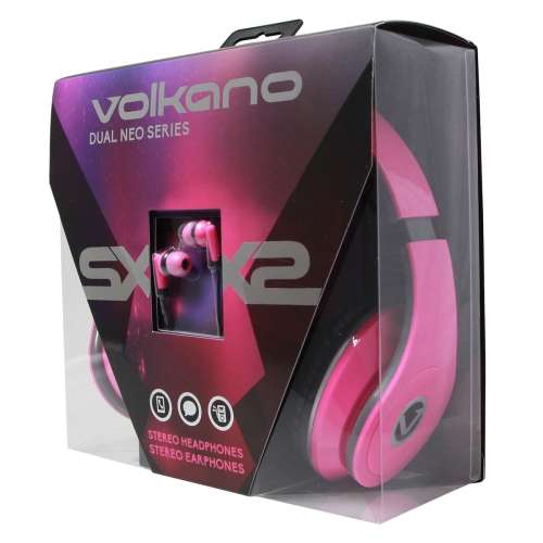 Volkano Dual Neo Series Headphone and Earphone Combo - Neon Pink