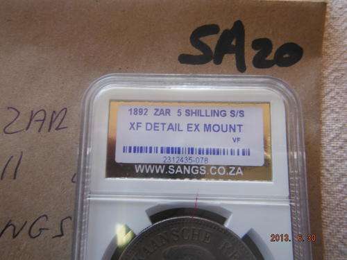 1892 ZAR 5 SHILLING XF DETAIL EXMOUNT SANGS GRADED