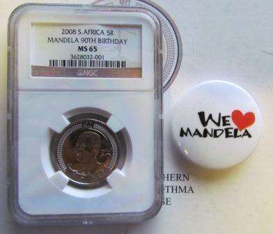 2008 Mandela 90th Birthday - MS65 - plus scarce "We love Mandela" button badge