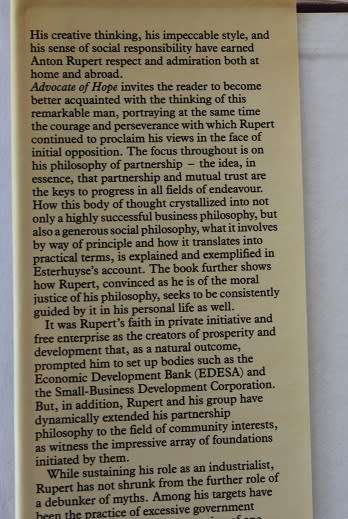 Anton Rupert Advocate of Hope by W.P.Esterhuyse