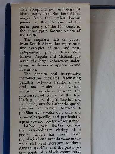 Voices from within edited by M. Chapman and Achmat Dangor. Black poetry from Southern Africa