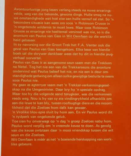 Wit Oemfaan deur F.A. Venter. Die avonture van Paulus van Gass.