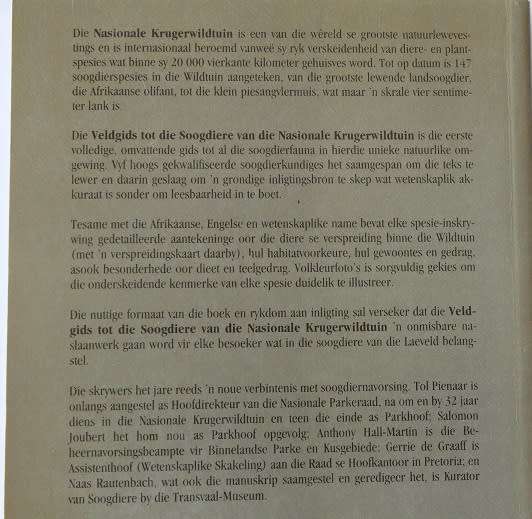 Veldgids tot die soogdiere van die Nasionale Krugerwildtuin deur Pienaar, Joubert, Hall-Martin ens.