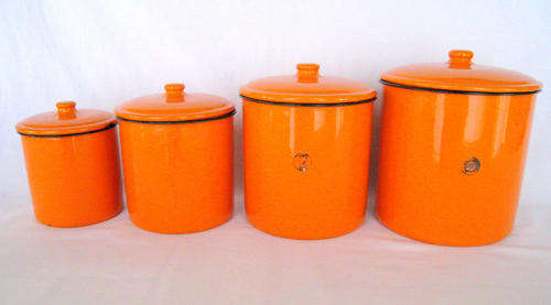 SET of 4 ENAMEL CANISTERS with LIDS - RETRO ORANGE!! VTG OSAWA JAPAN