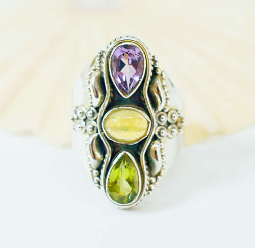 Natural Amethyst, Ethiopian Opal, and Peridot Sterling Silver Ring - Size R